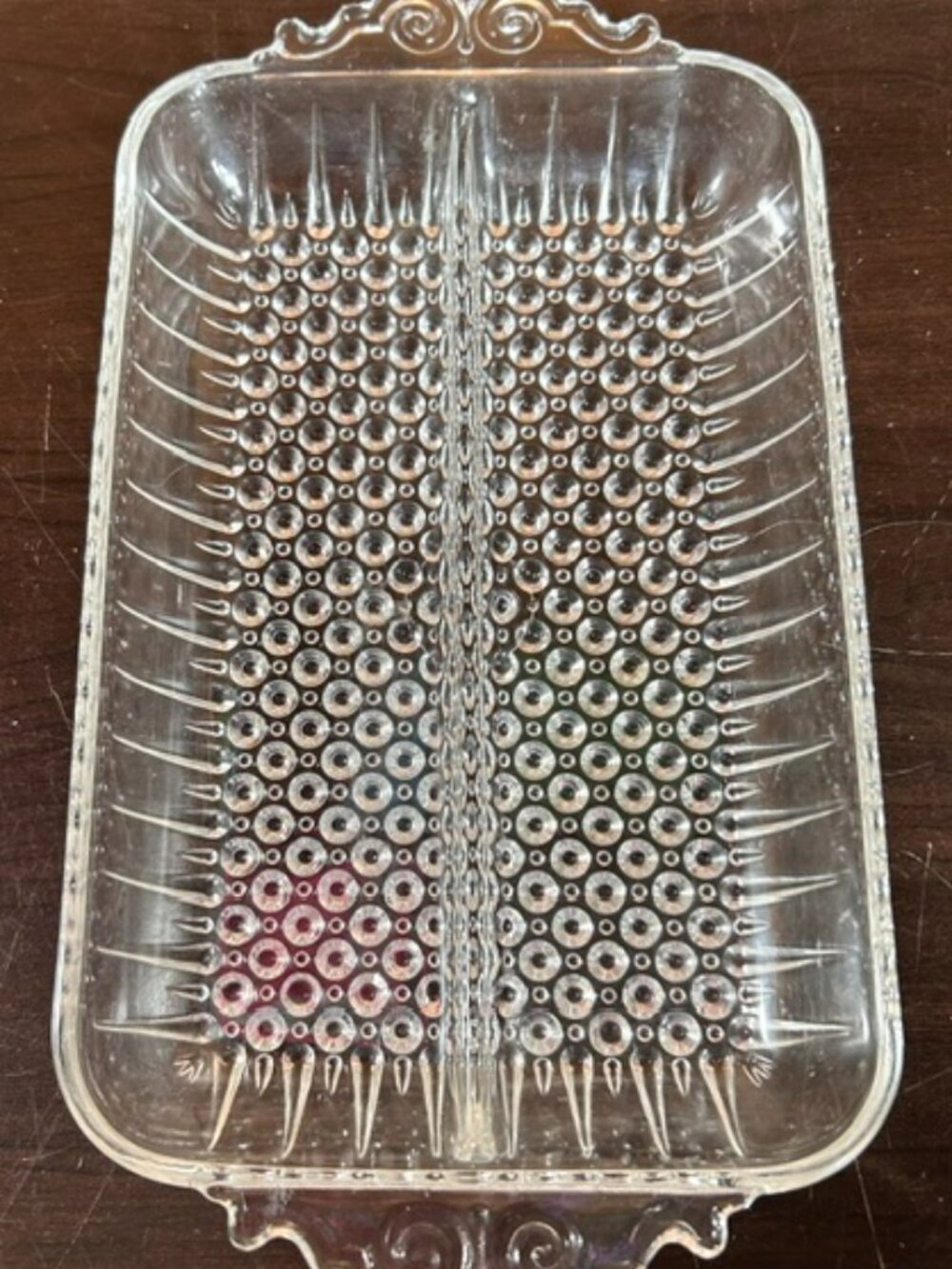 Vintage Anchor Hocking Hobnail Glass Divided Rectangular Handled Relish Tray